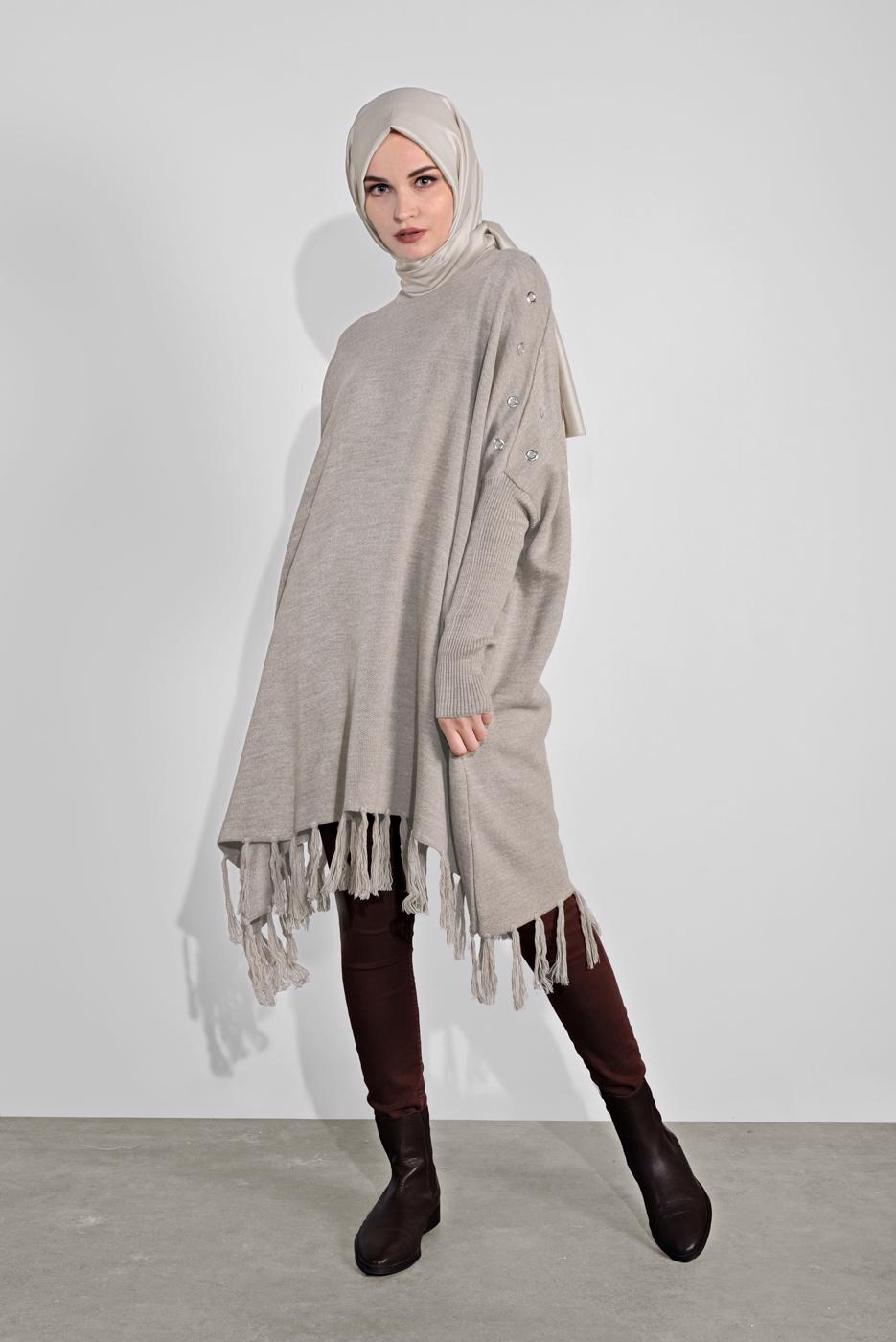 Tesettür giyim BEJ PÜSKÜLLÜ PANÇO 5032