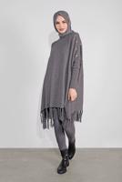 Tesettür giyim GRİ PÜSKÜLLÜ PANÇO 5032