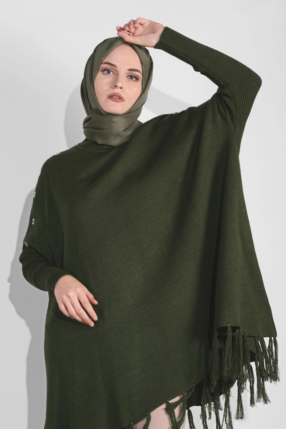 Tesettür giyim HAKİ PÜSKÜLLÜ PANÇO 5032