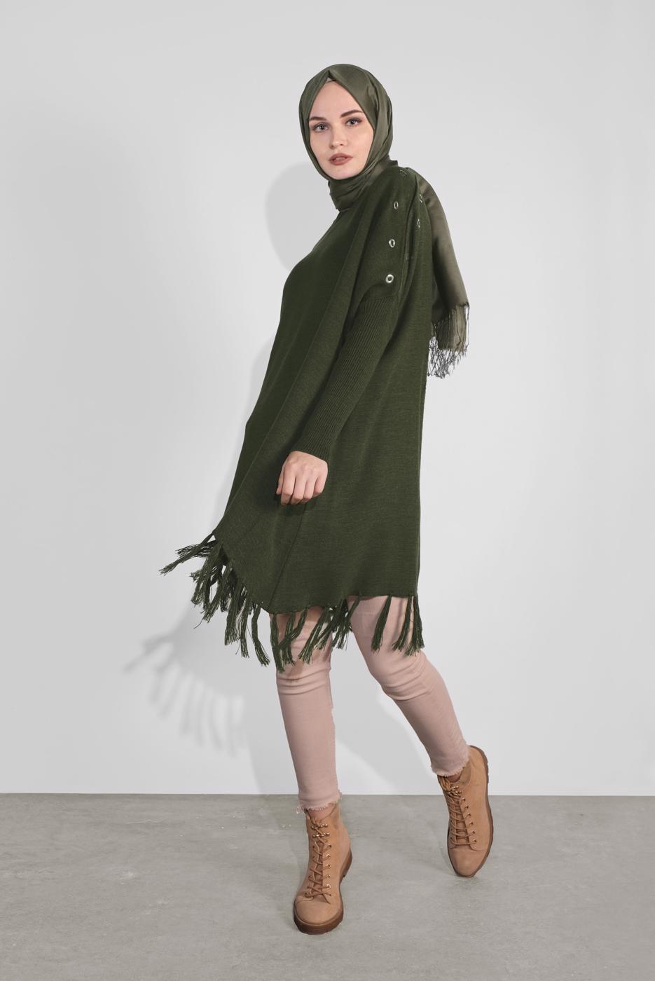 Tesettür giyim HAKİ PÜSKÜLLÜ PANÇO 5032