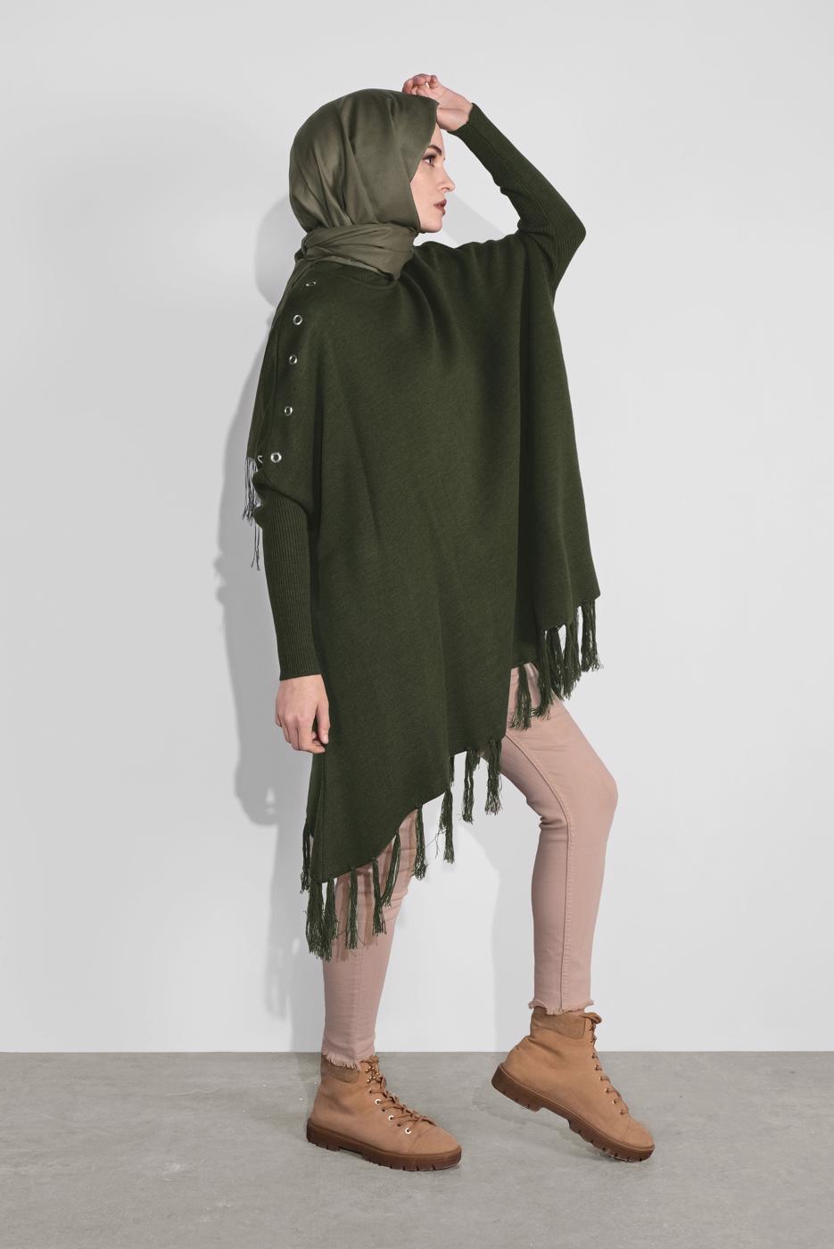 Tesettür giyim HAKİ PÜSKÜLLÜ PANÇO 5032