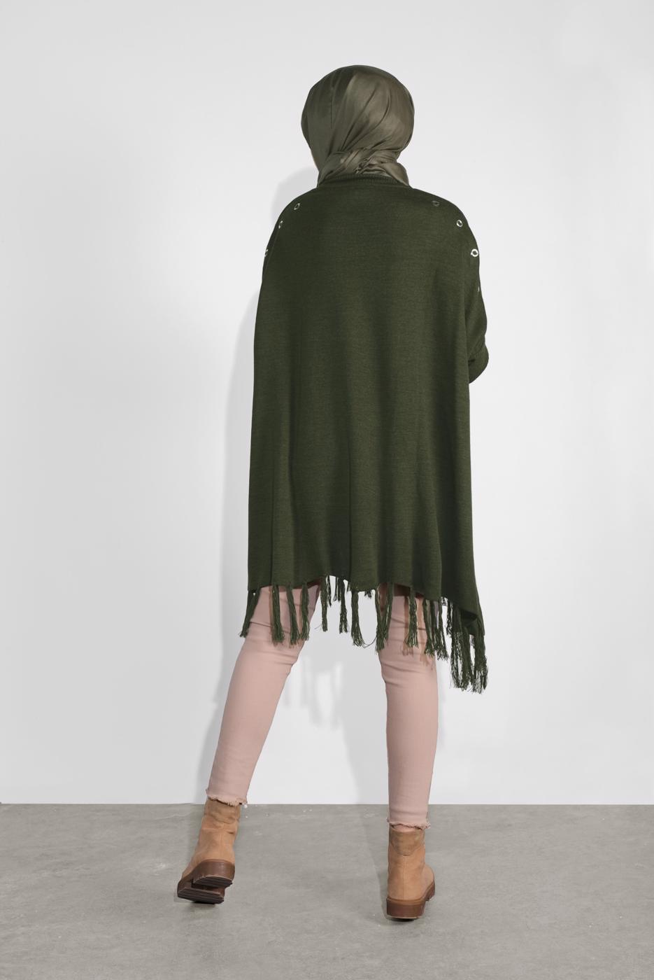 Tesettür giyim HAKİ PÜSKÜLLÜ PANÇO 5032