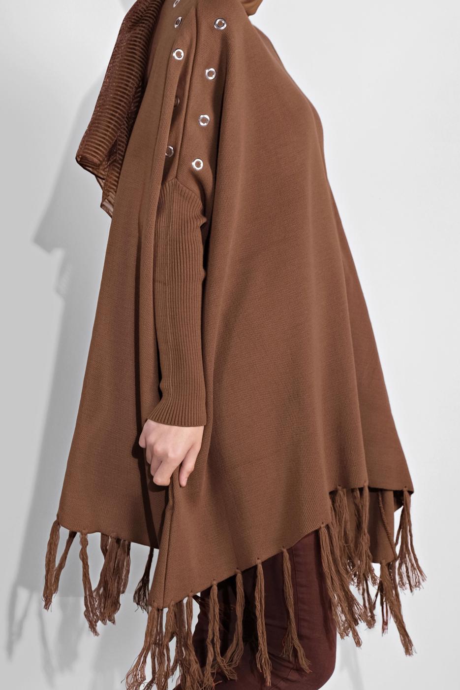 Tesettür giyim TABA PÜSKÜLLÜ PANÇO 5032