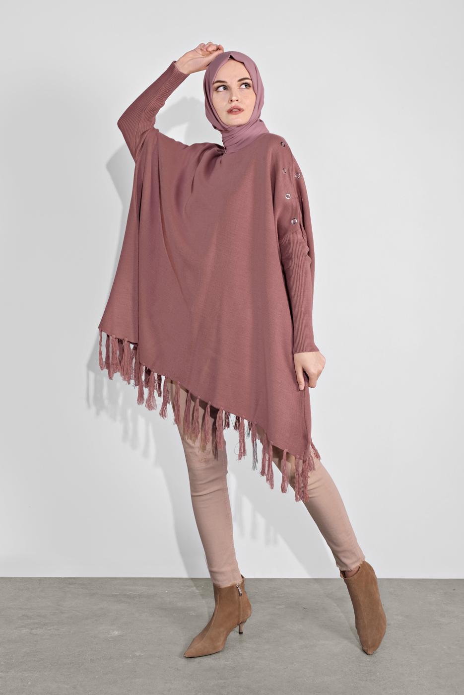 Tesettür giyim PEMBE PÜSKÜLLÜ PANÇO 5032