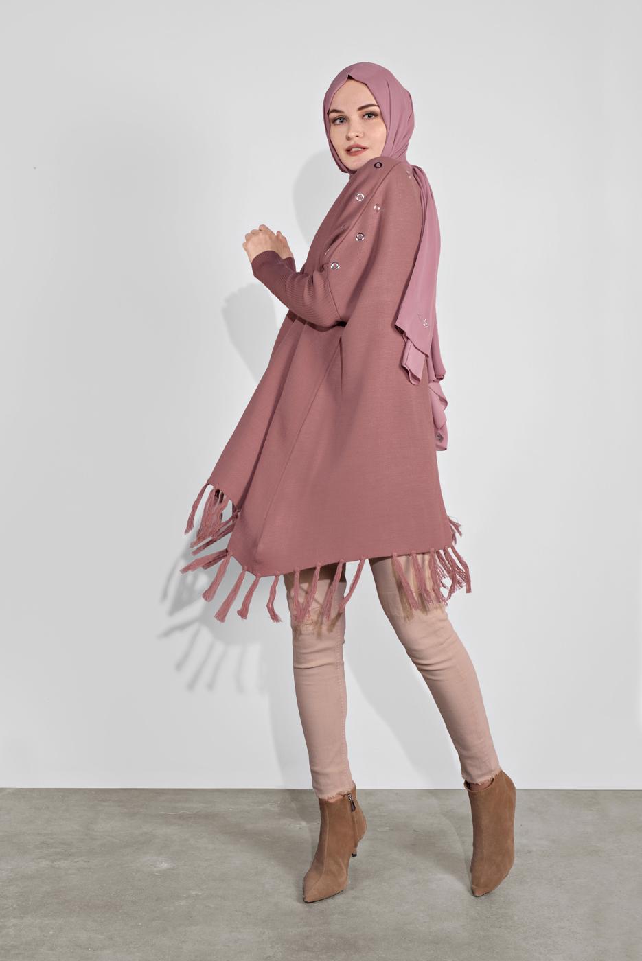 Tesettür giyim PEMBE PÜSKÜLLÜ PANÇO 5032