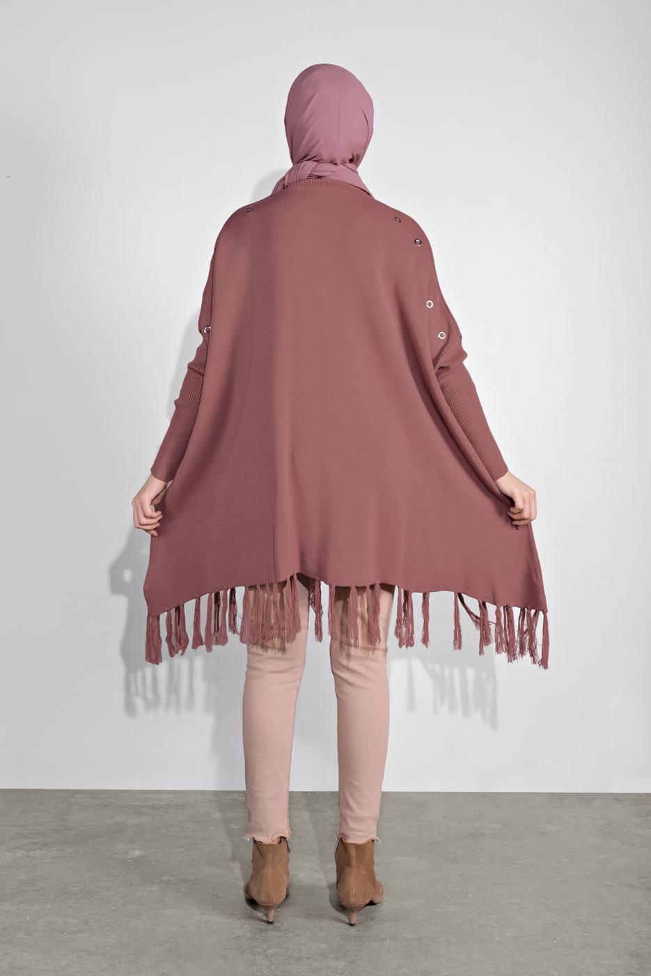 Tesettür giyim PEMBE PÜSKÜLLÜ PANÇO 5032