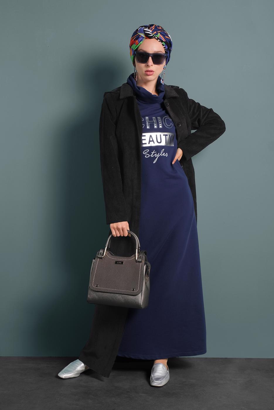 Tesettür giyim SİYAH ALVİNA FİTİLLİ KADİFE PARDESÜ 10143