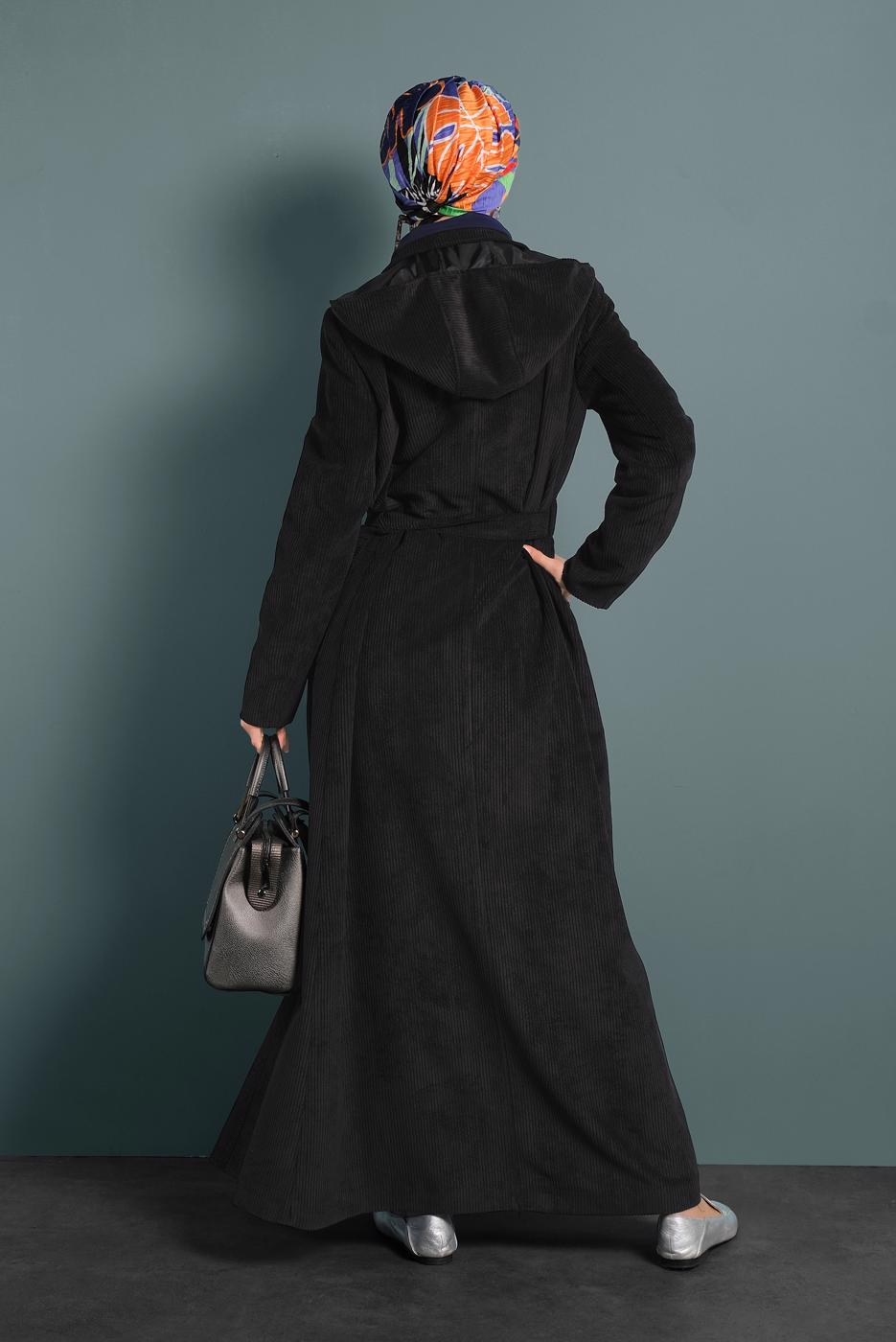 Tesettür giyim SİYAH ALVİNA FİTİLLİ KADİFE PARDESÜ 10143