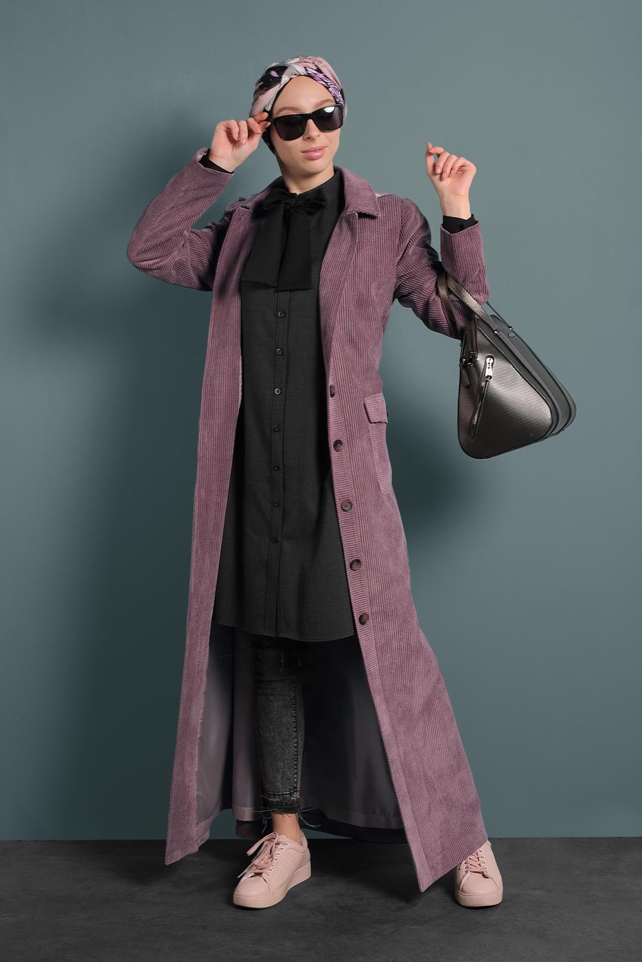 Tesettür giyim PEMBE ALVİNA FİTİLLİ KADİFE PARDESÜ 10143