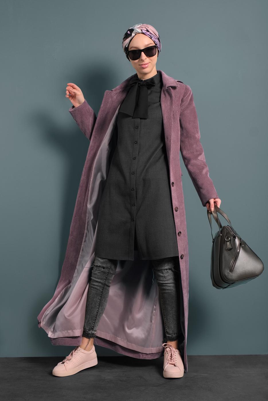 Tesettür giyim PEMBE ALVİNA FİTİLLİ KADİFE PARDESÜ 10143