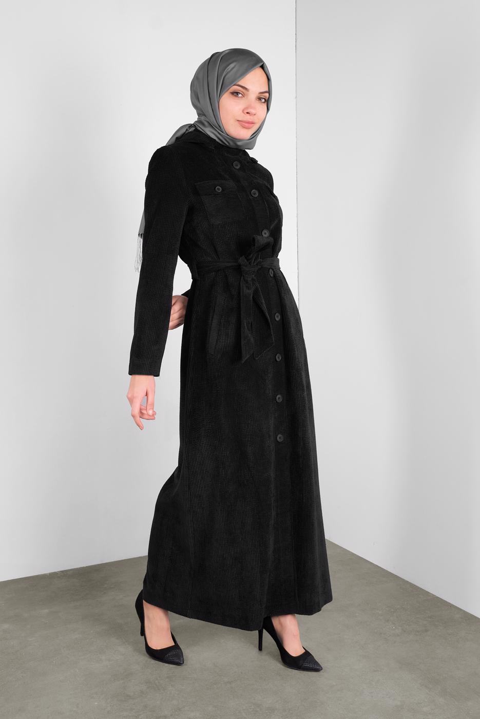Hijab clothing BLACK ALVINA HOODED VELVET COAT 10144 