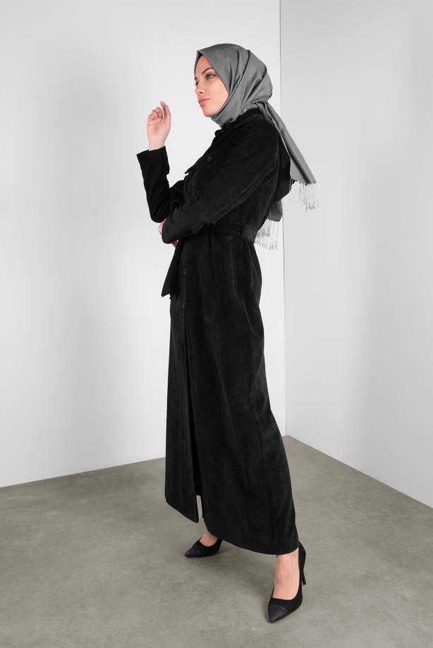 Hijab clothing BLACK ALVINA HOODED VELVET COAT 10144  - TRENDTESETTÜR