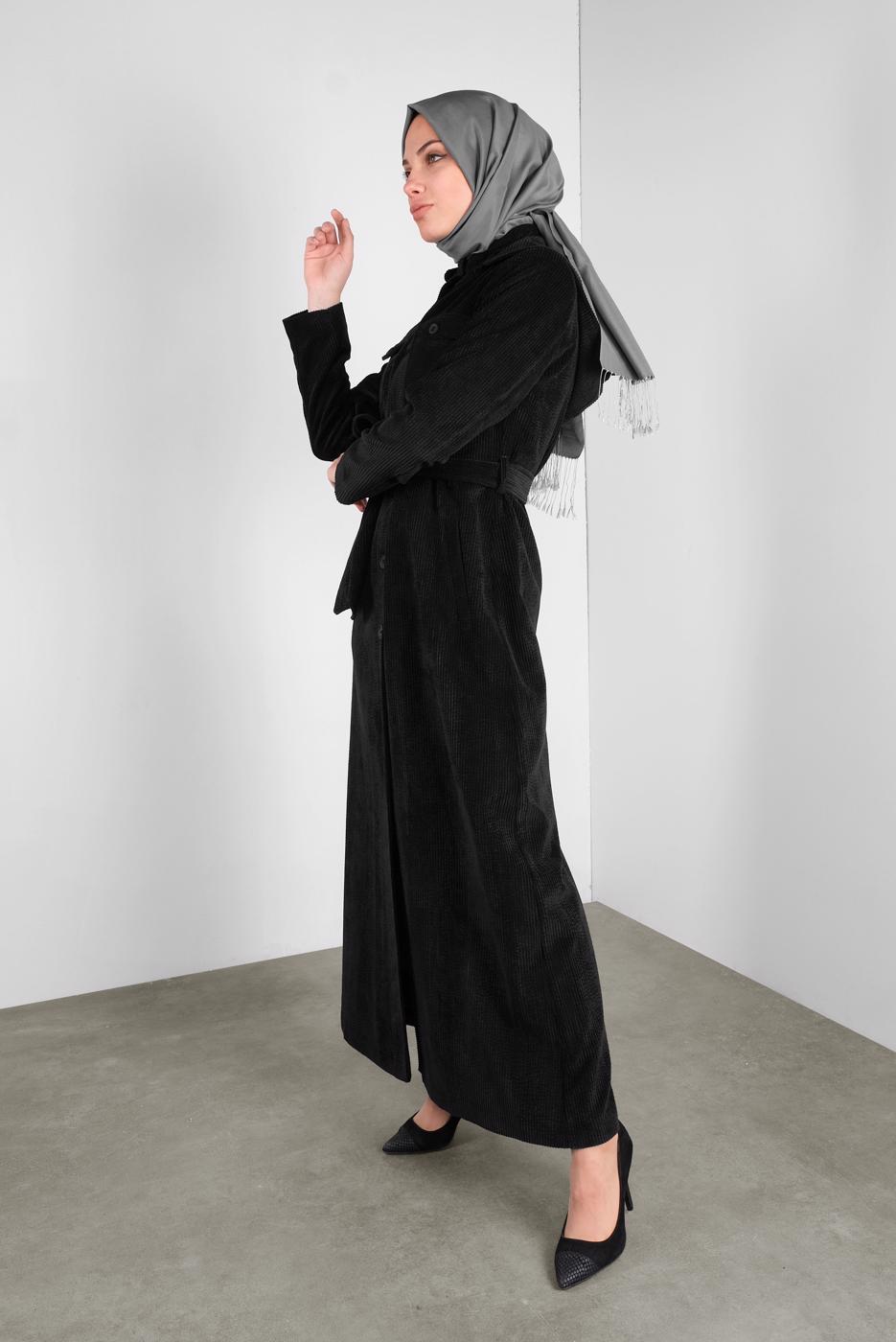 Hijab clothing BLACK ALVINA HOODED VELVET COAT 10144 