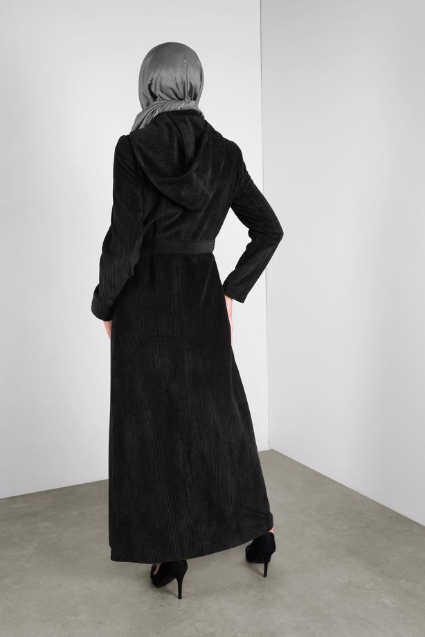 Hijab clothing BLACK ALVINA HOODED VELVET COAT 10144  - TRENDTESETTÜR