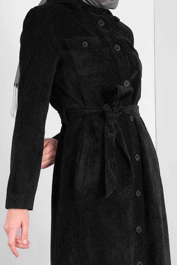 Tesettür giyim SİYAH  ALVİNA KAPÜŞONLU KADİFE PARDESÜ 10144	 - TRENDTESETTÜR