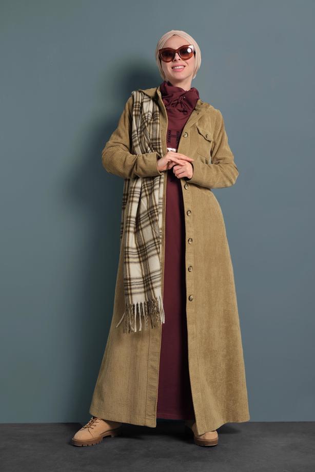 Tesettür giyim KAHVE  ALVİNA KAPÜŞONLU KADİFE PARDESÜ 10144	 - TRENDTESETTÜR