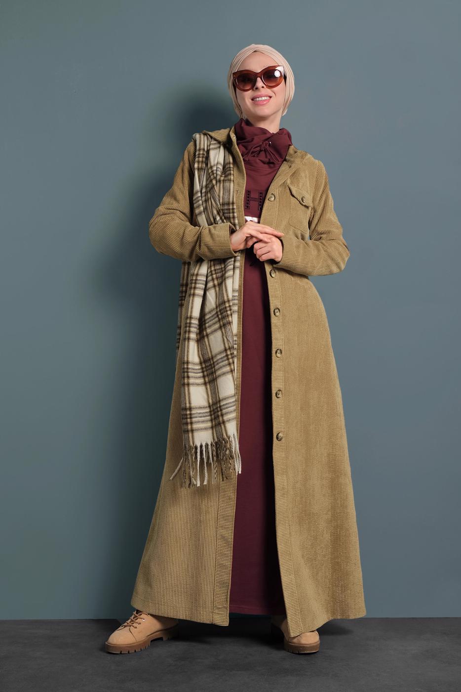 Tesettür giyim KAHVE  ALVİNA KAPÜŞONLU KADİFE PARDESÜ 10144	