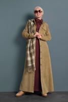 Tesettür giyim KAHVE  ALVİNA KAPÜŞONLU KADİFE PARDESÜ 10144	