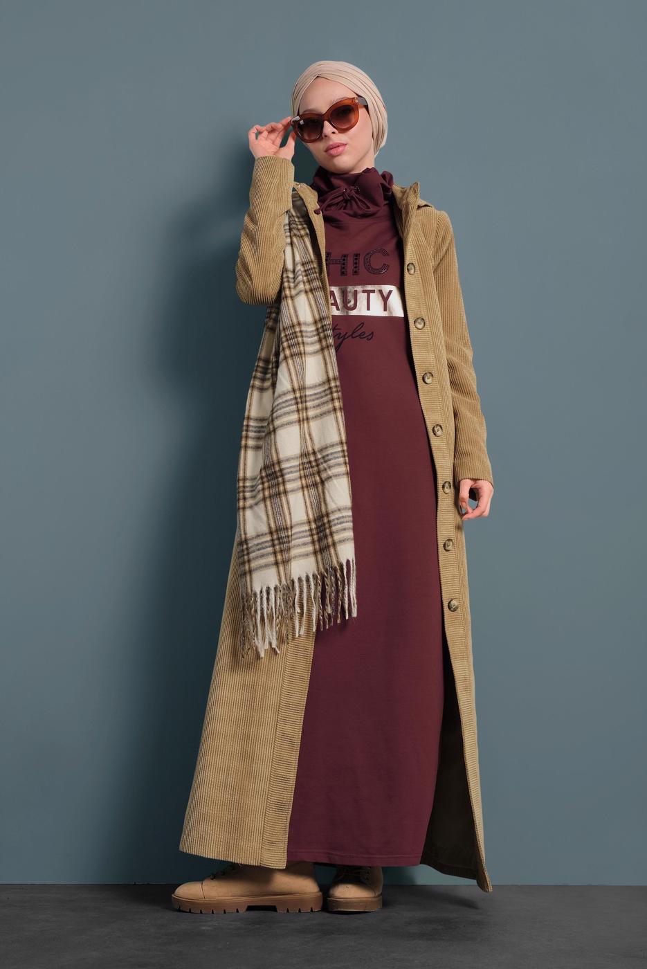 Tesettür giyim KAHVE  ALVİNA KAPÜŞONLU KADİFE PARDESÜ 10144	