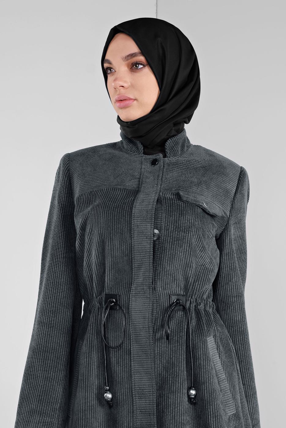 Tesettür giyim GRİ ALVİNA KADİFE FERMUARLI PARDESÜ 10145