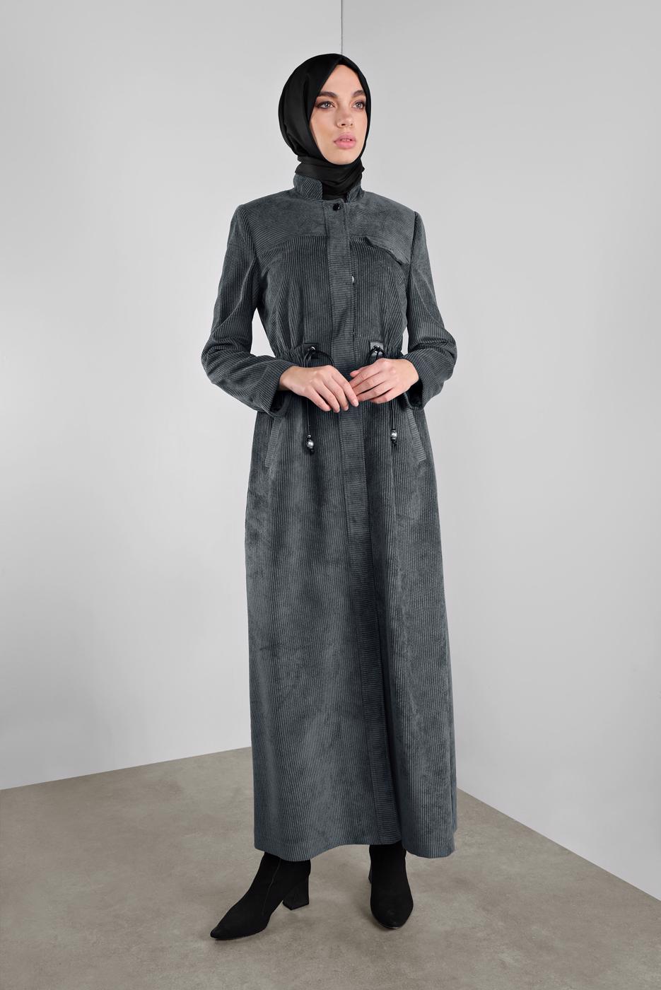 Tesettür giyim GRİ ALVİNA KADİFE FERMUARLI PARDESÜ 10145