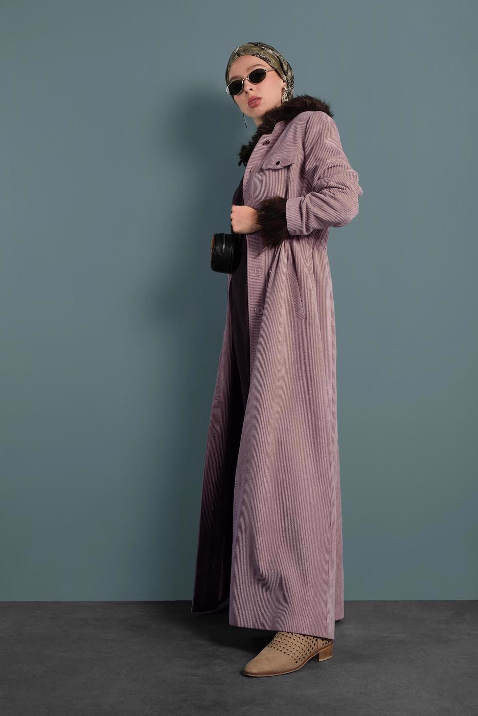 Tesettür giyim PEMBE ALVİNA KADİFE FERMUARLI PARDESÜ 10145