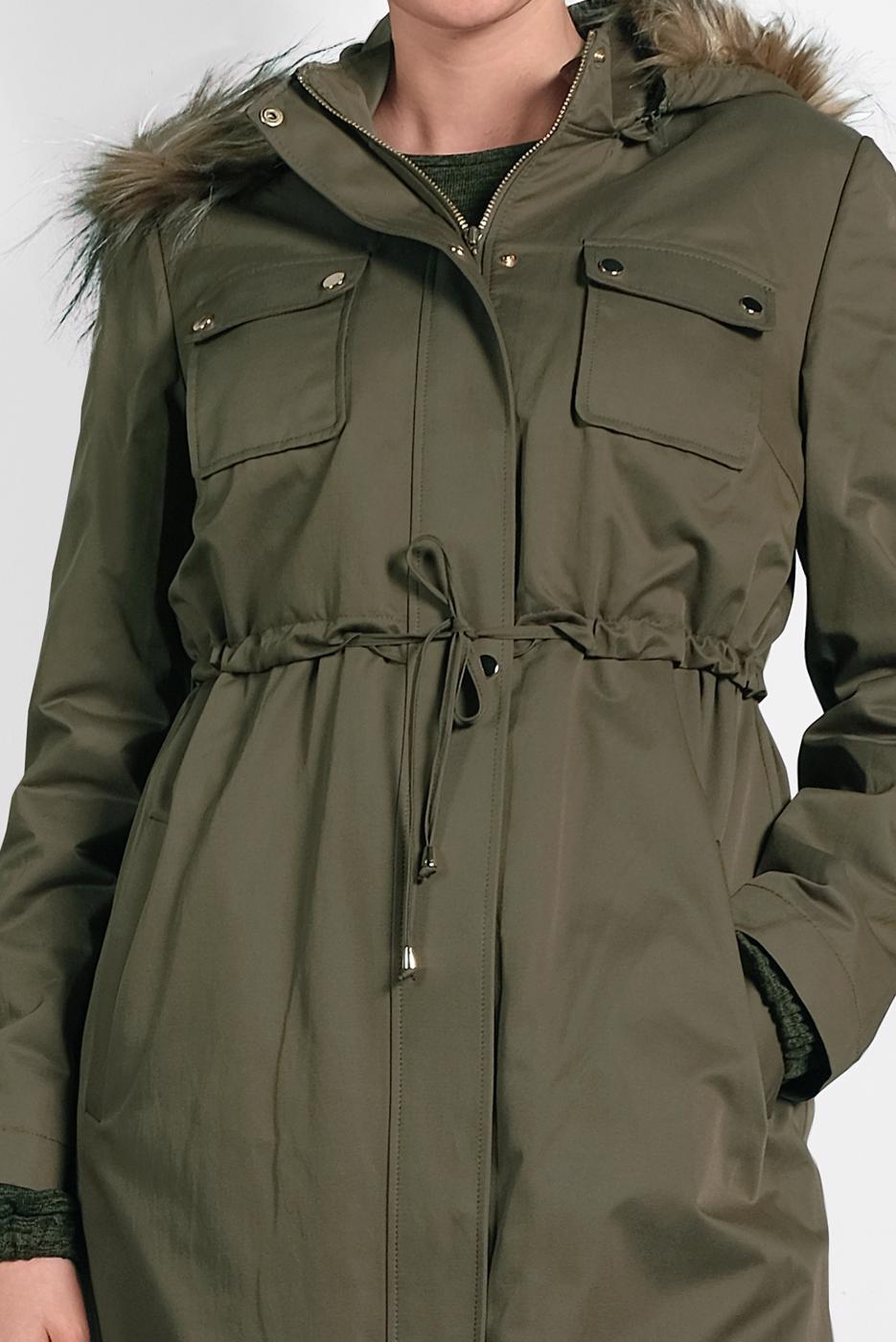 Tesettür giyim HAKİ ALVİNA BELDEN BÜZGÜLÜ KAPÜŞONLU KABAN 90001