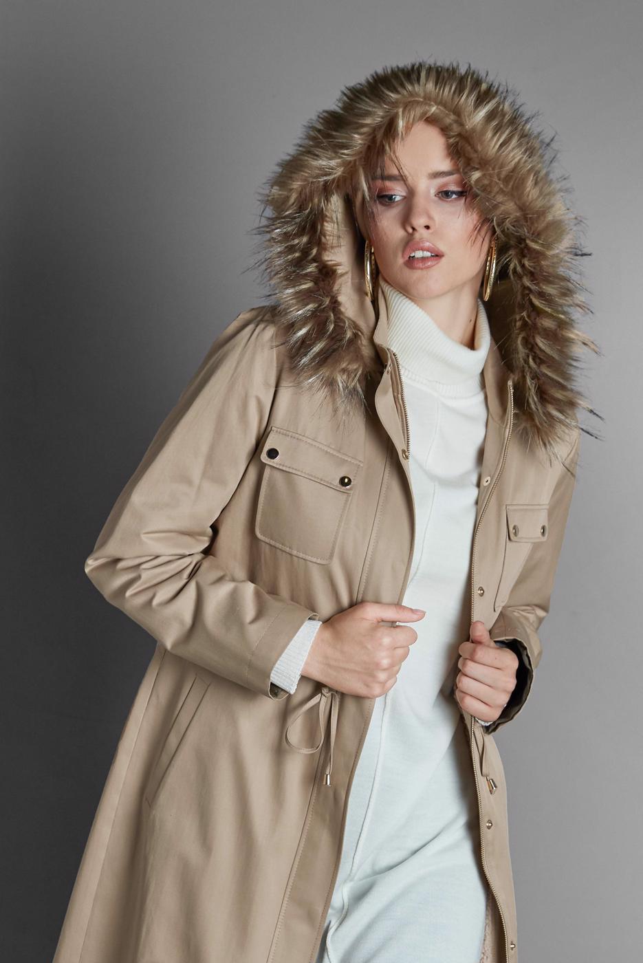 Tesettür giyim KAHVE ALVİNA BELDEN BÜZGÜLÜ KAPÜŞONLU KABAN 90001