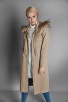 Tesettür giyim KAHVE ALVİNA BELDEN BÜZGÜLÜ KAPÜŞONLU KABAN 90001