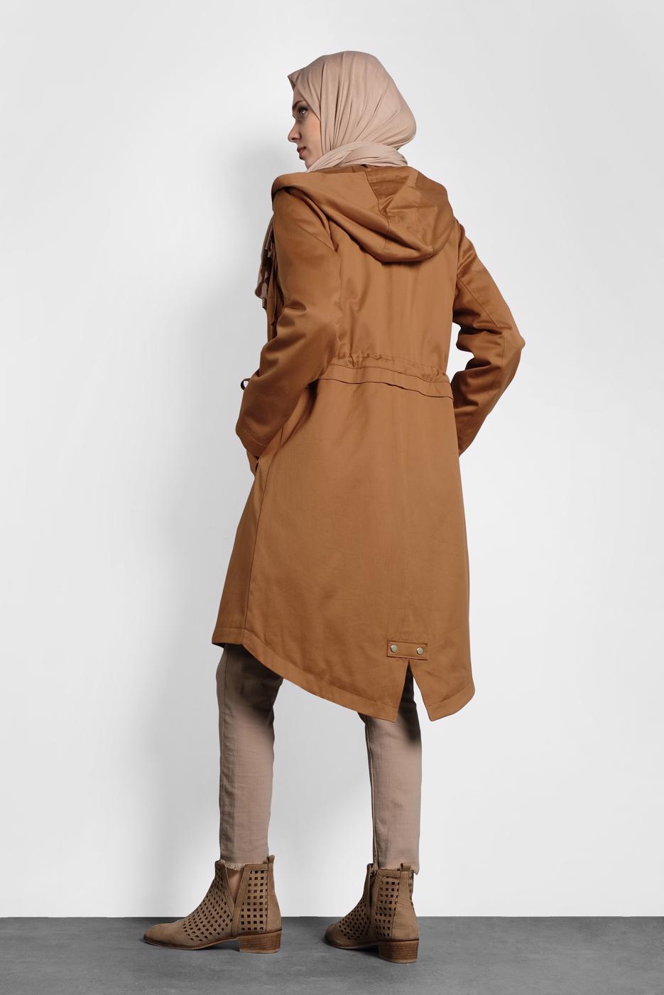 Tesettür giyim TABA ALVİNA BELİ BÜZGÜLÜ PAMUKLU PARKA 90018