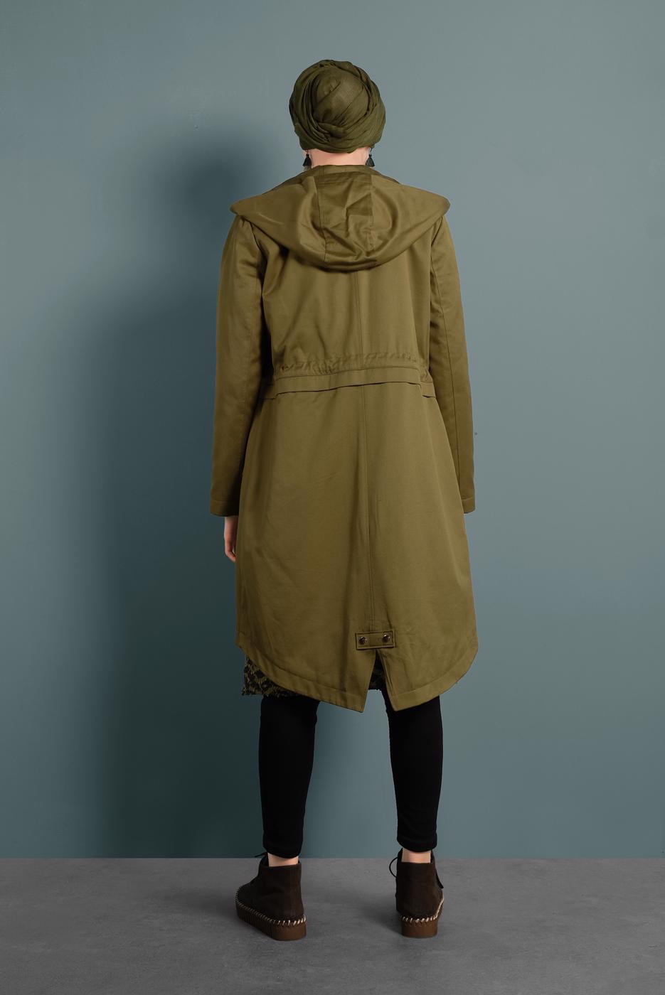 Tesettür giyim YEŞİL ALVİNA BELİ BÜZGÜLÜ PAMUKLU PARKA 90018