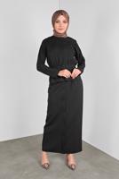 Tesettür giyim SİYAH ALVİNA KEMERLİ DÜĞMELİ ETEKLİ TAKIM 40145 