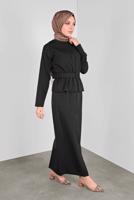 Tesettür giyim SİYAH ALVİNA KEMERLİ DÜĞMELİ ETEKLİ TAKIM 40145 