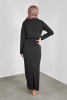 Tesettür giyim SİYAH ALVİNA KEMERLİ DÜĞMELİ ETEKLİ TAKIM 40145 