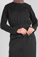 Tesettür giyim SİYAH ALVİNA KEMERLİ DÜĞMELİ ETEKLİ TAKIM 40145 