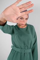 Tesettür giyim YEŞİL ALVİNA KEMERLİ DÜĞMELİ ETEKLİ TAKIM 40145 