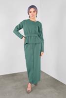 Tesettür giyim YEŞİL ALVİNA KEMERLİ DÜĞMELİ ETEKLİ TAKIM 40145 