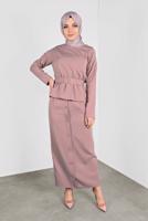 Tesettür giyim PUDRA ALVİNA KEMERLİ DÜĞMELİ ETEKLİ TAKIM 40145 