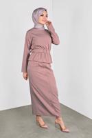 Tesettür giyim PUDRA ALVİNA KEMERLİ DÜĞMELİ ETEKLİ TAKIM 40145 