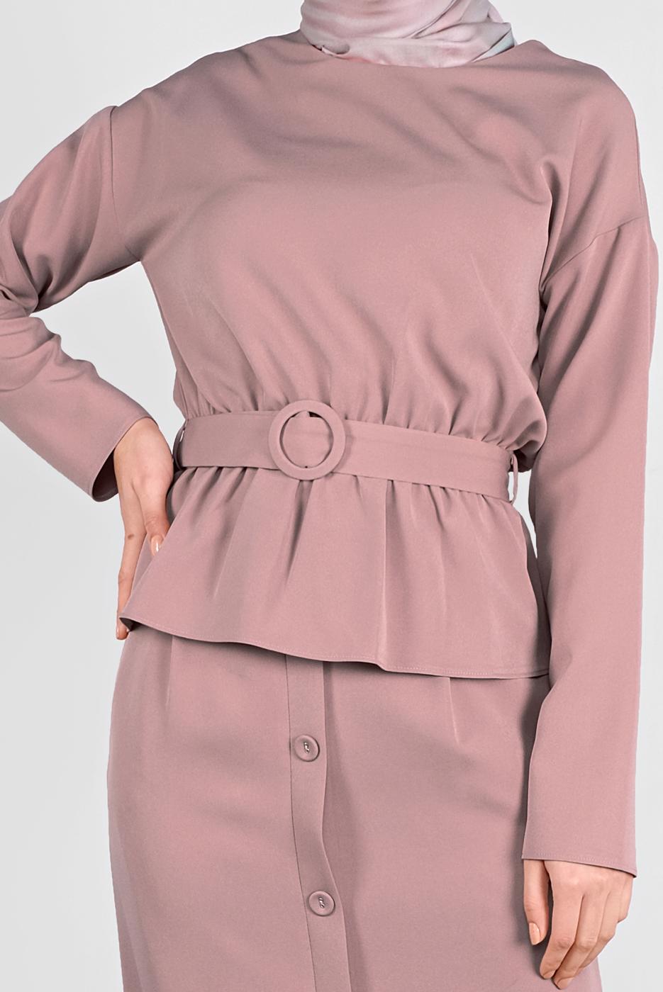 Tesettür giyim PUDRA ALVİNA KEMERLİ DÜĞMELİ ETEKLİ TAKIM 40145 