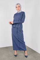 Tesettür giyim LACİVERT ALVİNA KEMERLİ DÜĞMELİ ETEKLİ TAKIM 40145 