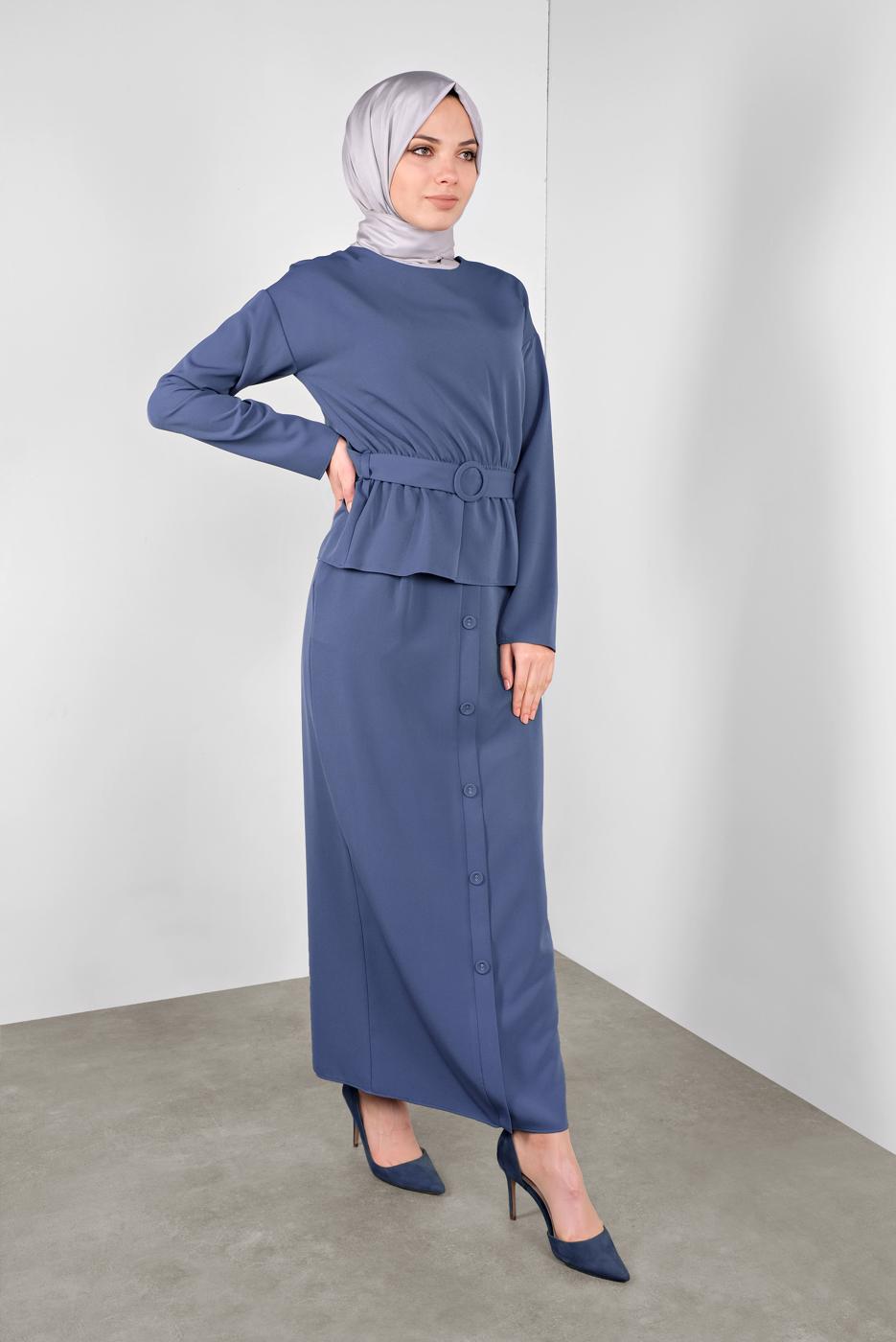 Tesettür giyim LACİVERT ALVİNA KEMERLİ DÜĞMELİ ETEKLİ TAKIM 40145 
