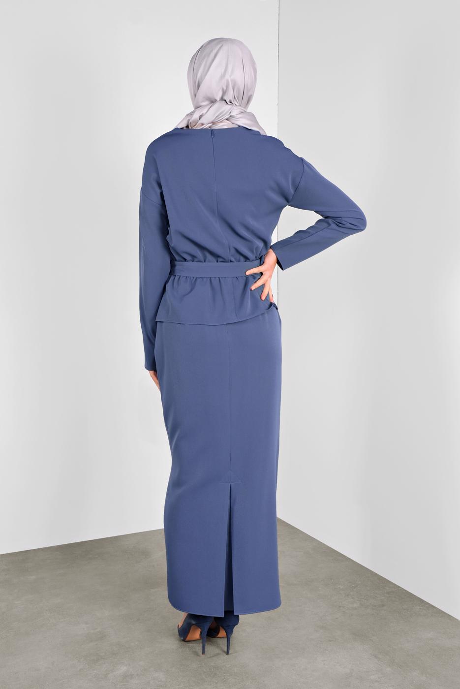 Tesettür giyim LACİVERT ALVİNA KEMERLİ DÜĞMELİ ETEKLİ TAKIM 40145 