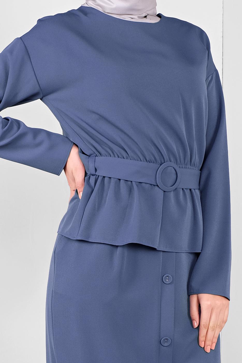 Tesettür giyim LACİVERT ALVİNA KEMERLİ DÜĞMELİ ETEKLİ TAKIM 40145 