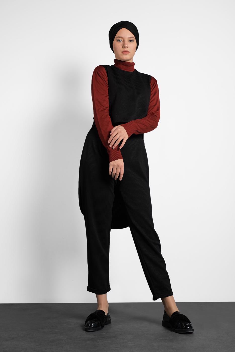 Tesettür giyim SİYAH ALVİNA DÜĞMELİ İKİLİ PANTOLONLU TAKIM  40207 