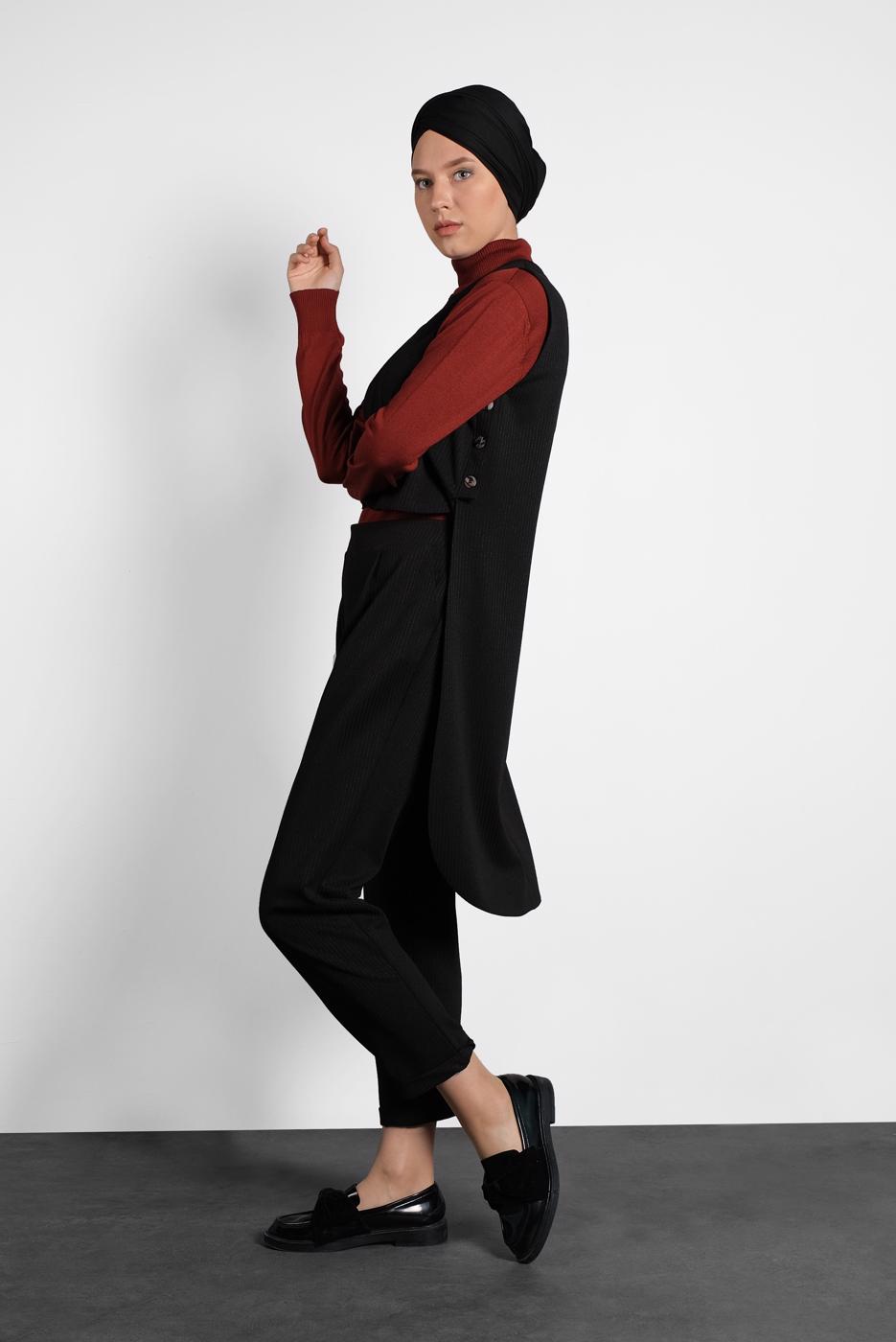 Tesettür giyim SİYAH ALVİNA DÜĞMELİ İKİLİ PANTOLONLU TAKIM  40207 