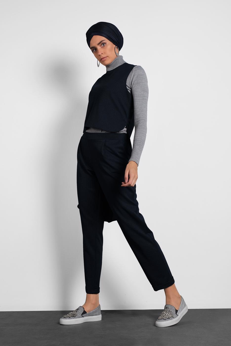 Tesettür giyim LACİVERT ALVİNA DÜĞMELİ İKİLİ PANTOLONLU TAKIM  40207 