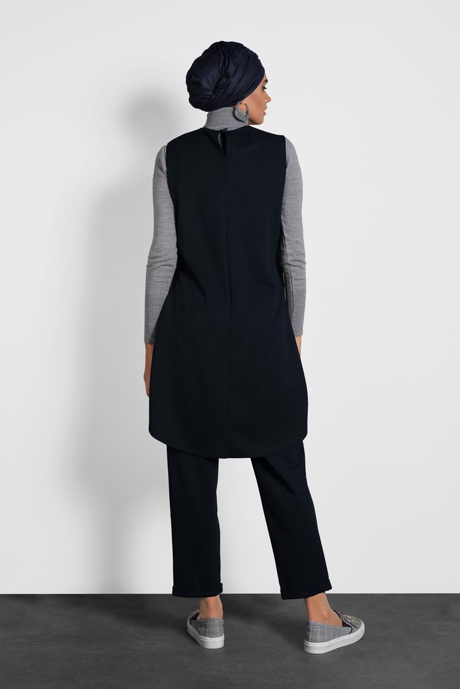 Tesettür giyim LACİVERT ALVİNA DÜĞMELİ İKİLİ PANTOLONLU TAKIM  40207 