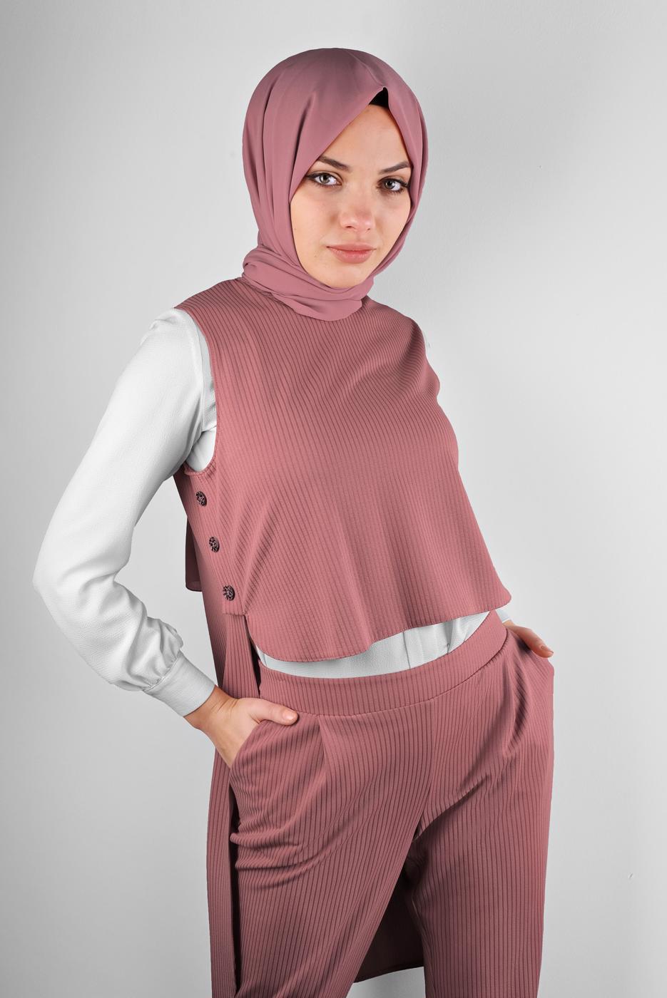 Tesettür giyim PUDRA ALVİNA DÜĞMELİ İKİLİ PANTOLONLU TAKIM  40207 