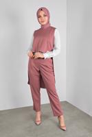 Tesettür giyim PUDRA ALVİNA DÜĞMELİ İKİLİ PANTOLONLU TAKIM  40207 